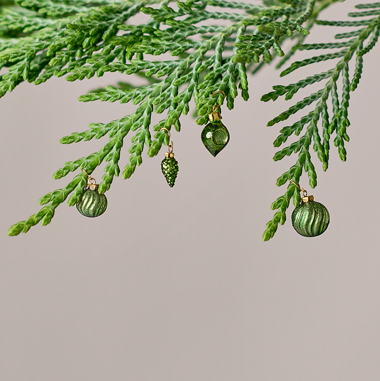 Christmas ornaments set in the box. Juniper green with sparkling effect 9 ornaments.