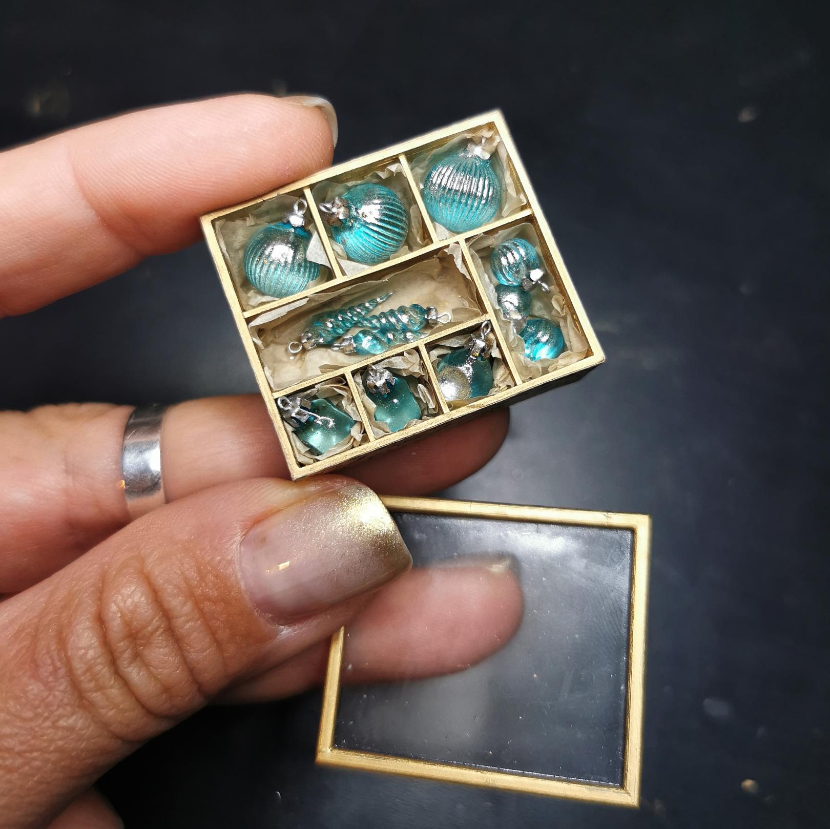 Christmas ornaments set in the box. Turquoise with antique silver 12 ornaments.