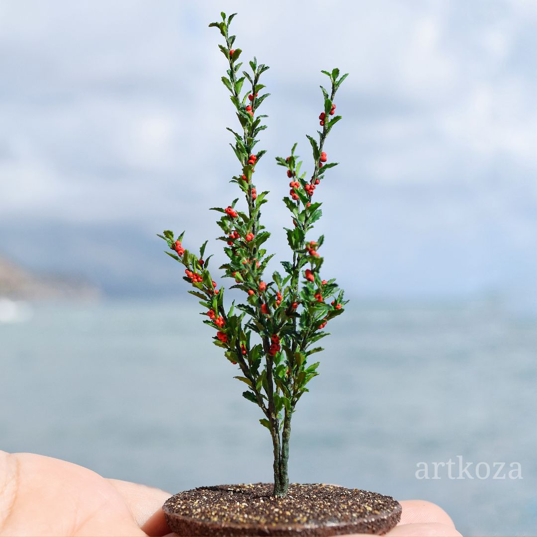 Holly plant bush for diorama and dollhouse garden